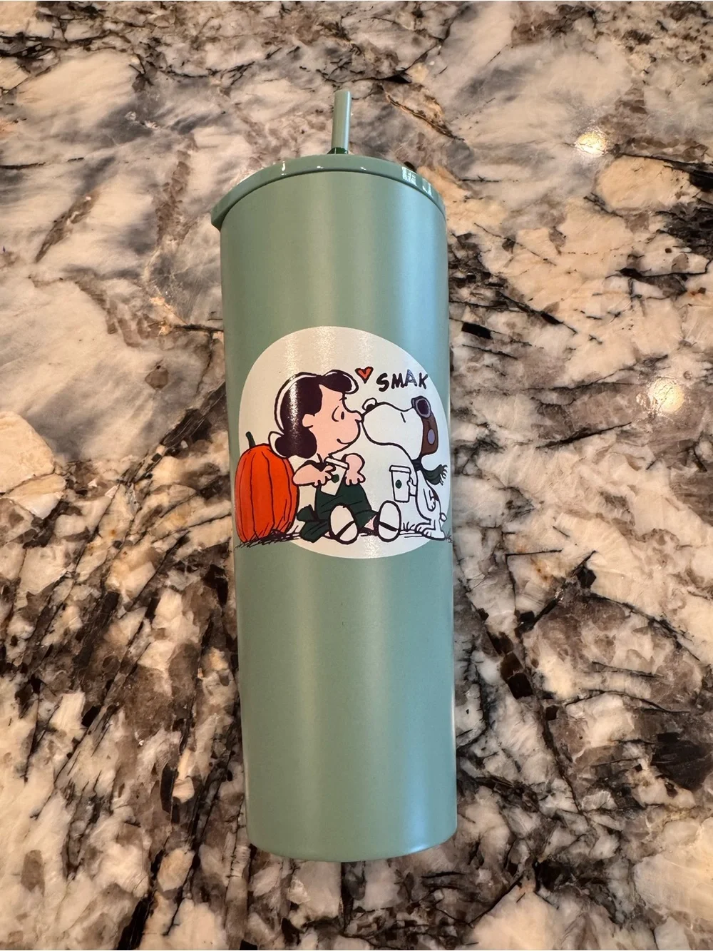 New Starbucks Peanuts Snoopy & Lucy Green Reusable Tumbler w/ Straw